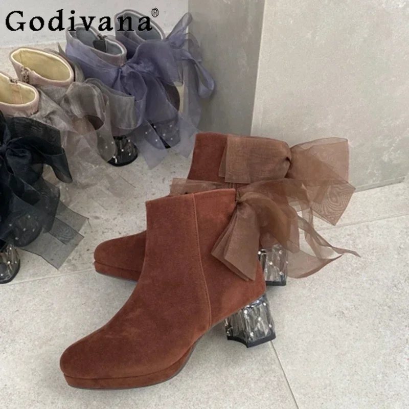 

Super Fairy Japanese Removable Bow Rhinestone Crystal Thick Heel OL Chelsea Boots Autumn and Winter New Women's Short Boots