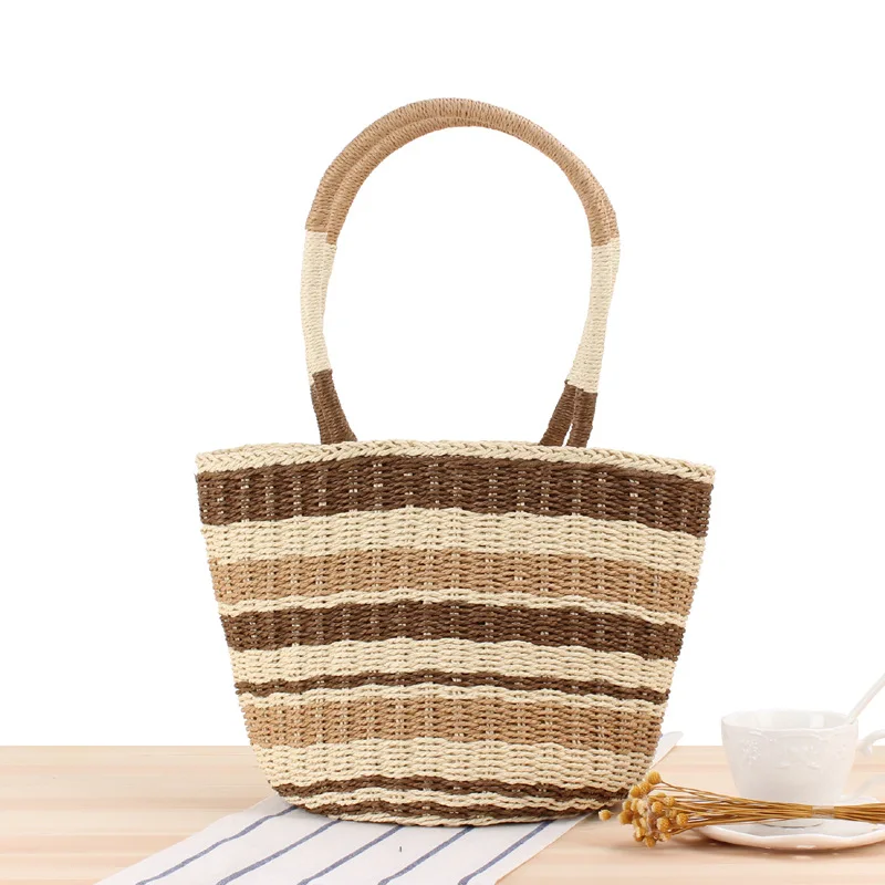 New Japanese and Korean Striped Cylinder Shoulder Bag Paper Woven Bag Beach Vacation Leisure Straw Woven Bag