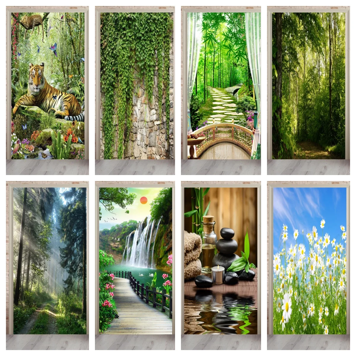 יער פסטורלי עלה 3D דלת מדבקות עצמית pvc רטרו ג 'ונגל דלת דלת דלת נייר קישוט טפט מקרר אמנות תפאורה קיר
