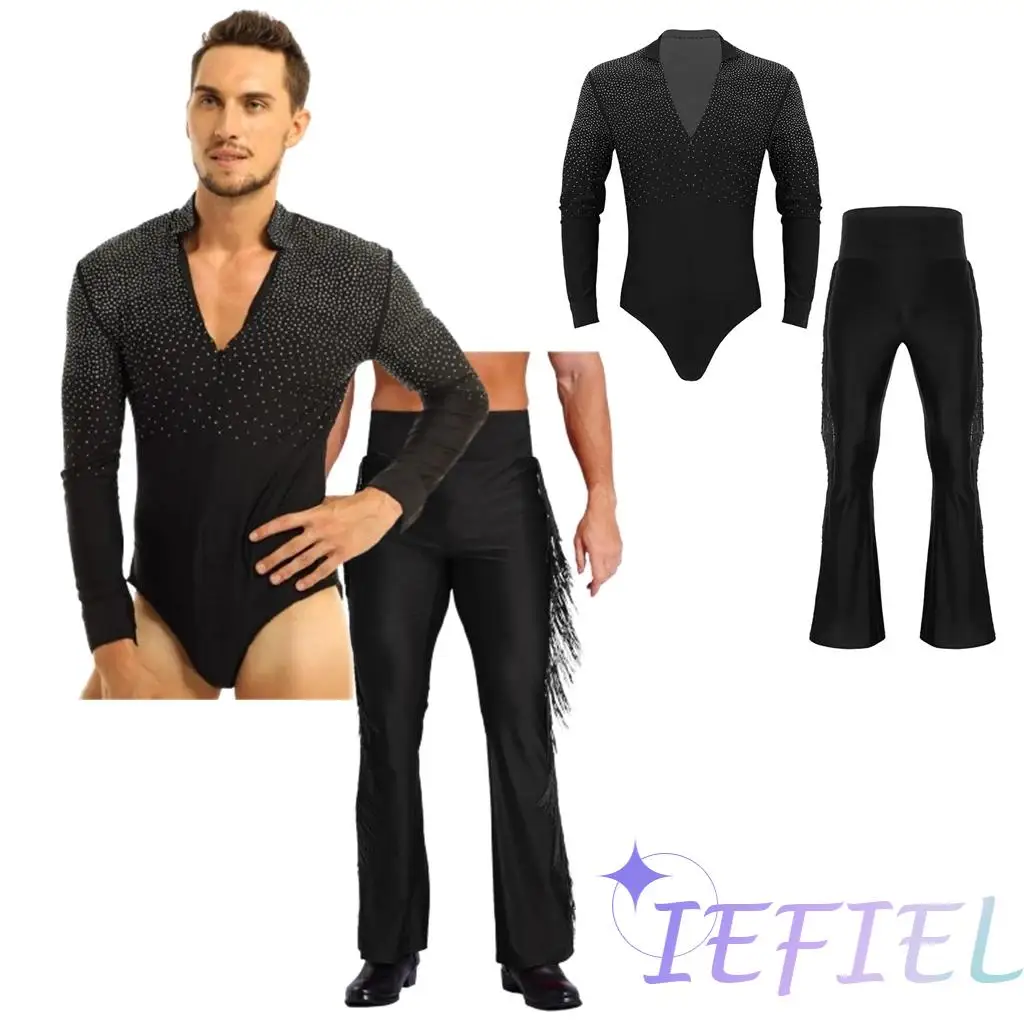 

Mens Cha-cha Ballroom Latin Tango Rumba Dancwear V-neck Bodycon Leotard with Tassel Flared Pants Professional Dance Clothes