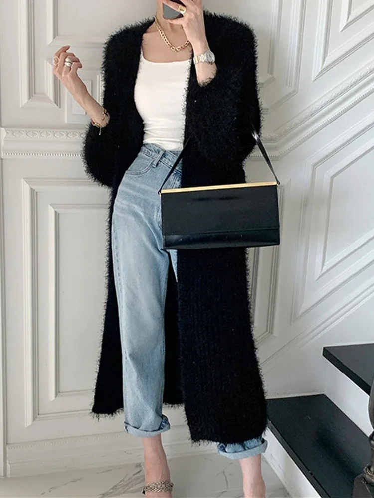 

2024 New Loribindwood Women Autumn Winter Sweaters Elegant Lady Mohair Cardigans Fashionable Lace Up Pink Long Knitwear