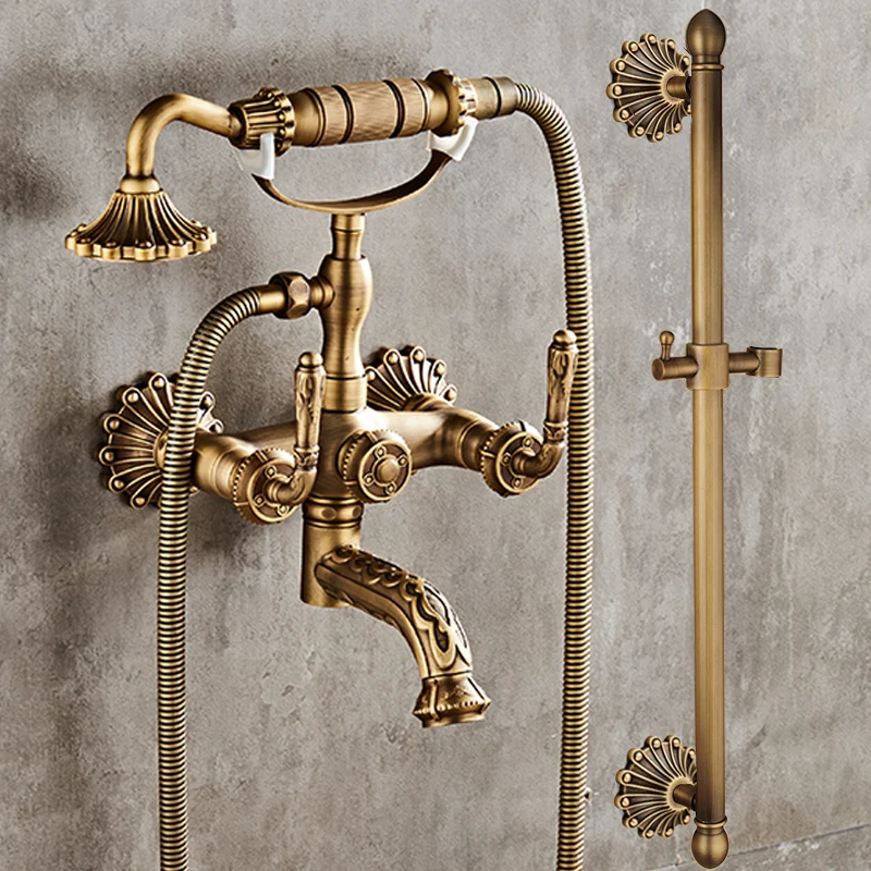 

Antique all-copper shower set, simple bathroom nozzle, wall-mounted bath tub faucet, hot and cold water mixing valve