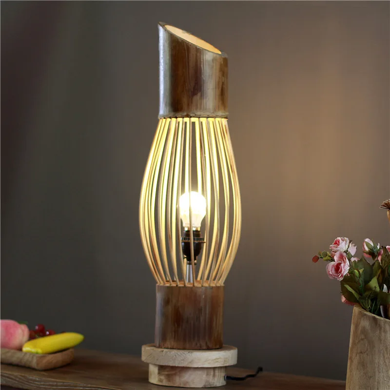 Lámpara de pie artesanal de madera de seda de bambú hecha a mano, lámparas decorativas pastorales cálidas para casa de familia