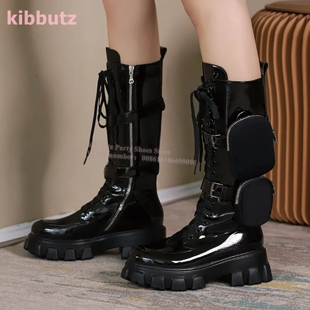 Bags Knight Knee High Boots Platform Round Toe Thick Bottom Lace-Up Side Zipper Patent Leather Novelty Fashion Women Shoes New