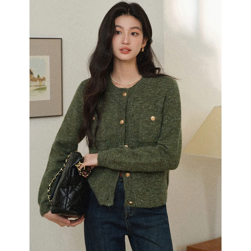 

ALXNAN зеленый вязаный кардиган женский осенний свободный шерстяной свитер с металлическими пуговицами круглый вырез женский трикотаж с карманами L578126