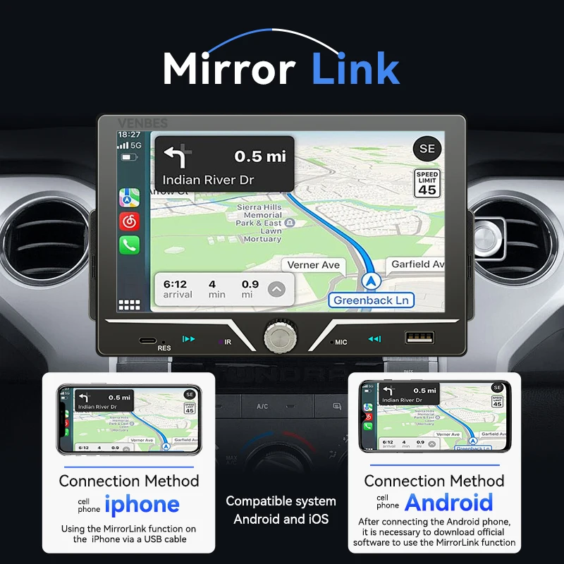 VENBES 1 DIN 7 Inch Touch Screen Car Radio Carplay Android Auto Mirror Link Multimedia Player Bluetooth Reversing CVBS Camera