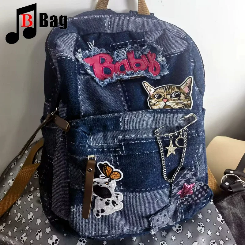 Harajuku Women Y2K Girl denim Lattice Backpack Students Large Capacity Backpacks book bag Computer Handbag School  Backpacks