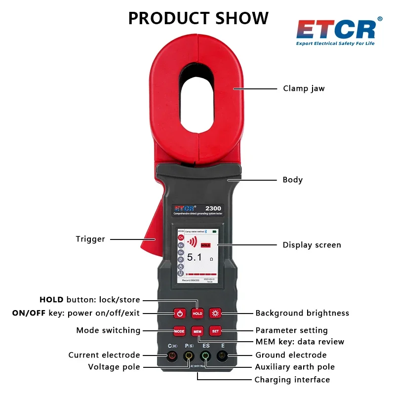 Aardstapeltype Klem Aardweerstandstester Bodemweerstand Aardingsspanning Stroommeter Bluetooth-communicatie ETCR2300