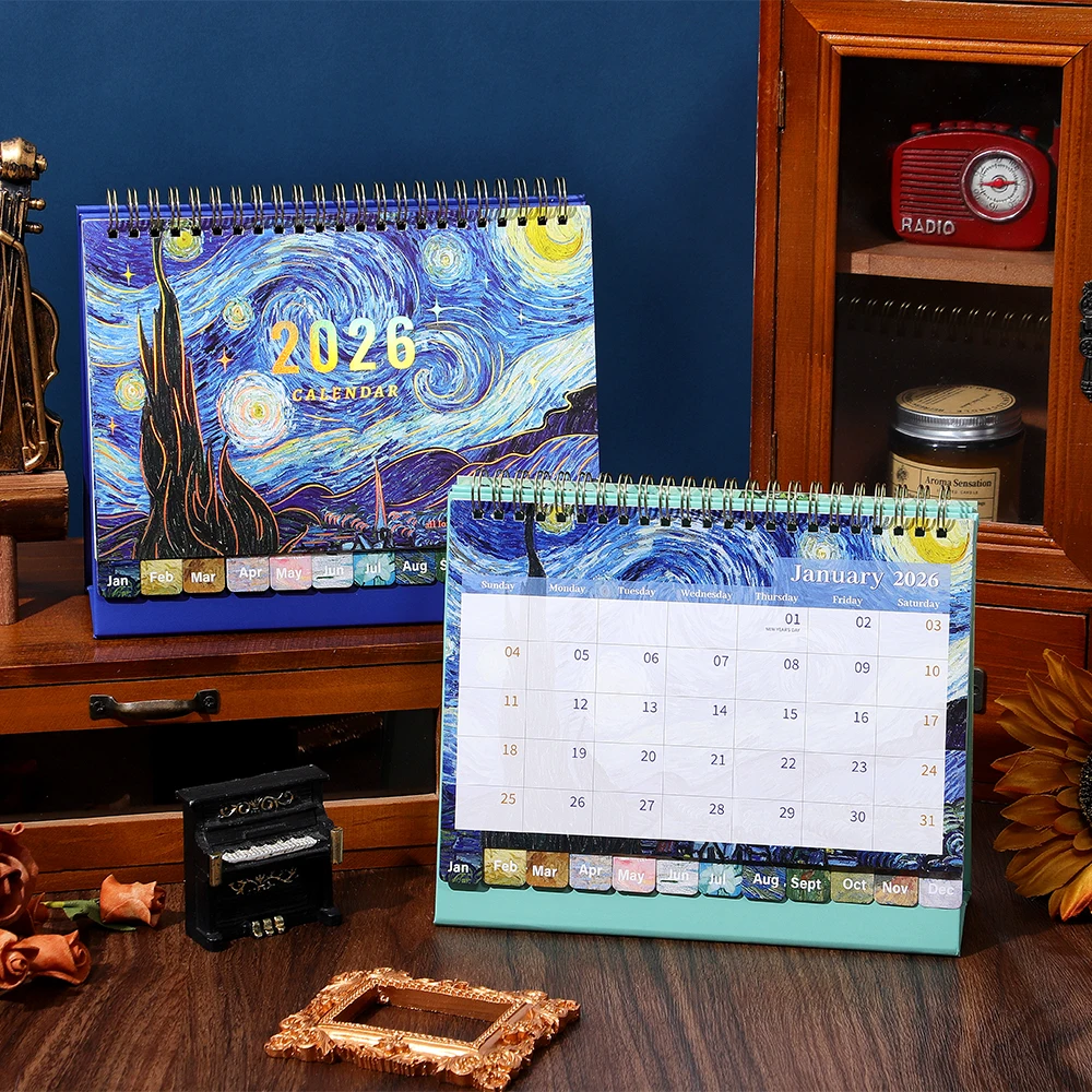 2026 Vintage Desk Calendar Painting Design With Monthly Sticker Index Daily/Weekly/Monthly Planner For Home Office School