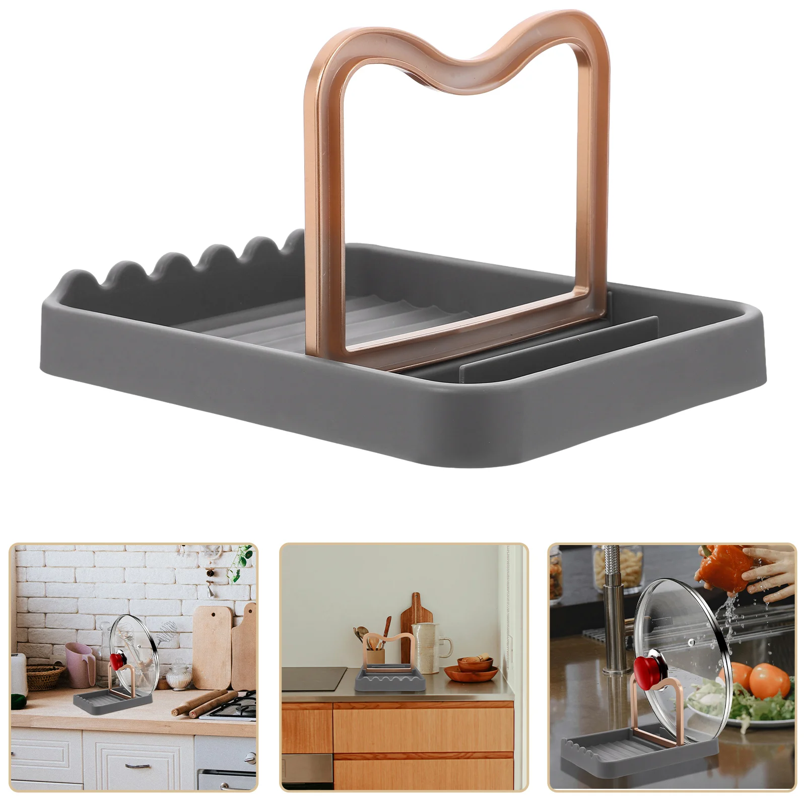 Kitchen Utensils Spoon Rest Tumbler Lid Organizer Holder for Dish Rack Pot Stove Top Grey Ladle Countertop