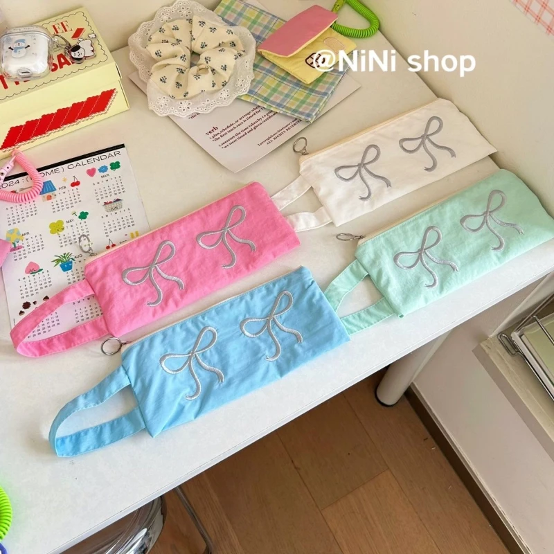 Fresh Tie Bow Embroidery Pencil Case Niche Dopamine Simple Portable Storage Pencil Case Pencil Pouch Kawaii Cute Girl Gift