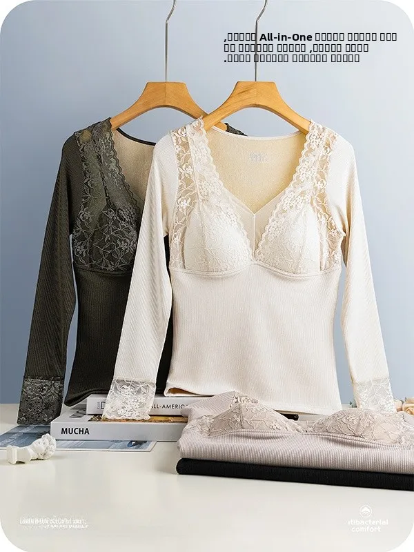 Camiseta Térmica Larga para Mujer Thiened, con Escote en V, Encaje, Ropa Interior, Otoño Invierno, Color Base, con Relleno en el Pecho