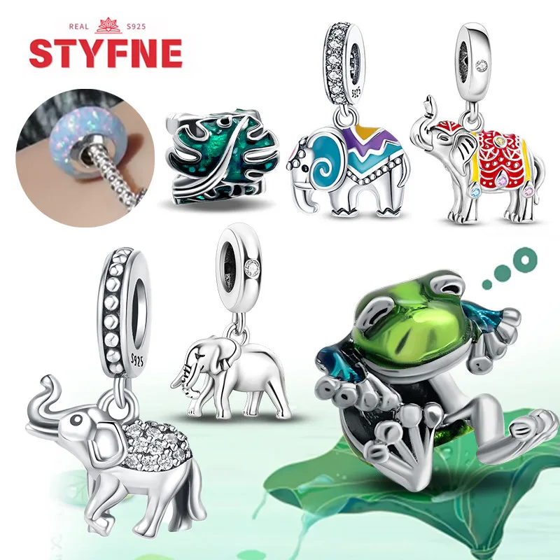 Real S925 Prata Encantos Animais para Mulheres, Elefante, Sapo, Peixe, Contas para Pulseiras Originais, Jóias Finas, Presentes DIY