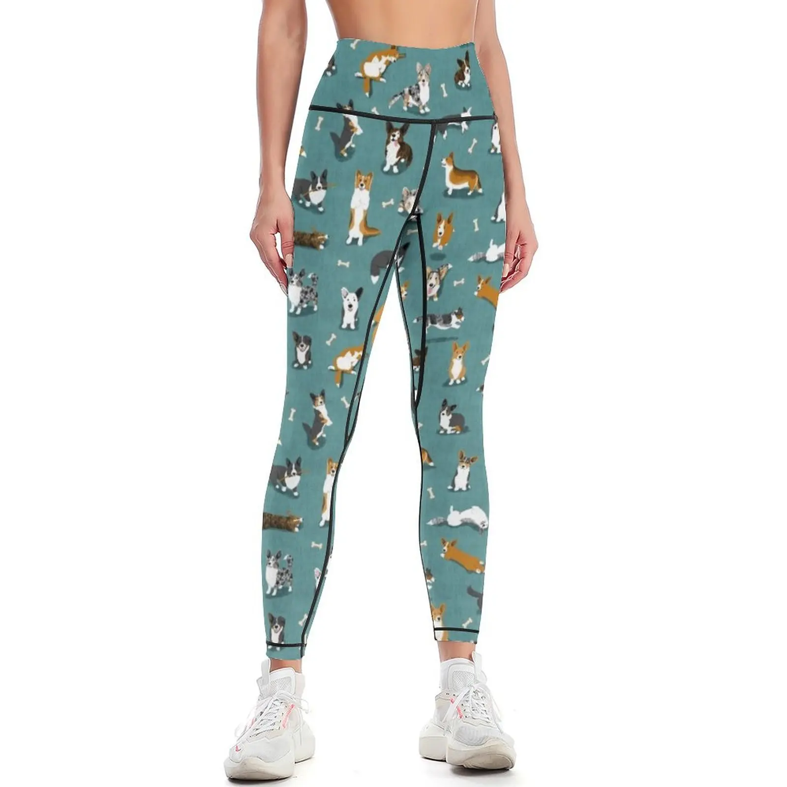 

Cardigan Corgi Pattern on Teal Leggings Women's trousers legings for fitness for physical Womens Leggings