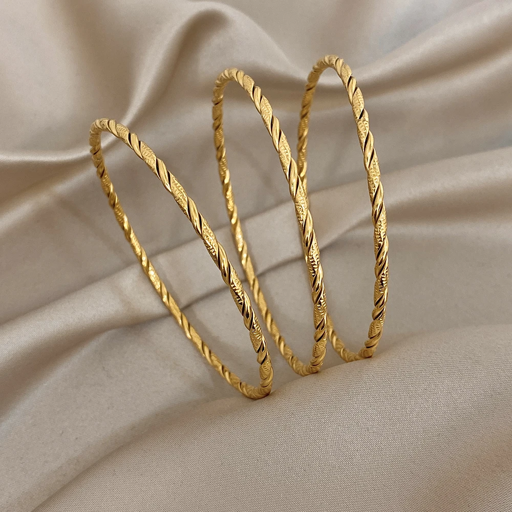 Freetry بسيط مكدسة الجولة الفولاذ المقاوم للصدأ الإسورة سوار المرأة الرجعية الذهب اللون الكفة رقيقة سوار مقاوم للماء اليد مجوهرات #1
