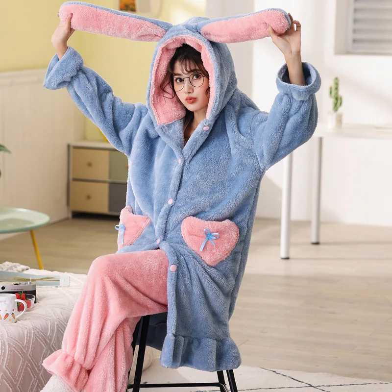 Frauen Winter Flanell Pyjama Set Fleece Kapuze Nachthemd dicken warmen Samt weibliche Nachtwäsche Homewear süße schöne Nachthemd