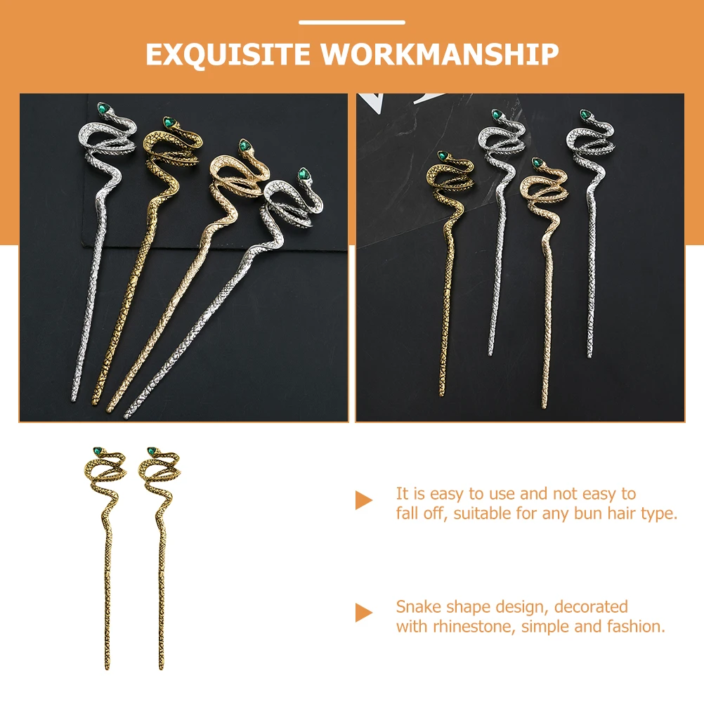 

2pcs Elegant Snake Hairpin Rhinestone Gold Sticks Women Accessories Long Hair Bun Styling Tool Jewelry Cosplay hair chopsticks