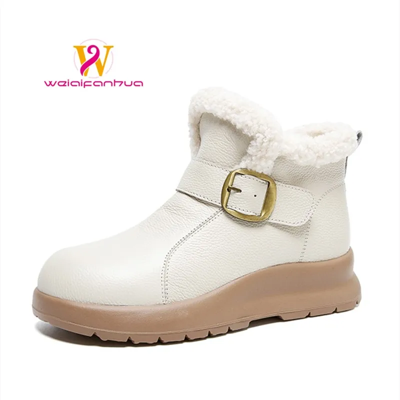 

Women's Boots 2025 New Style Top Layer Cowhide Flat Women's Warm Cotton Shoes Thick-soled Mom Shoes with Fleece Platform Shoes