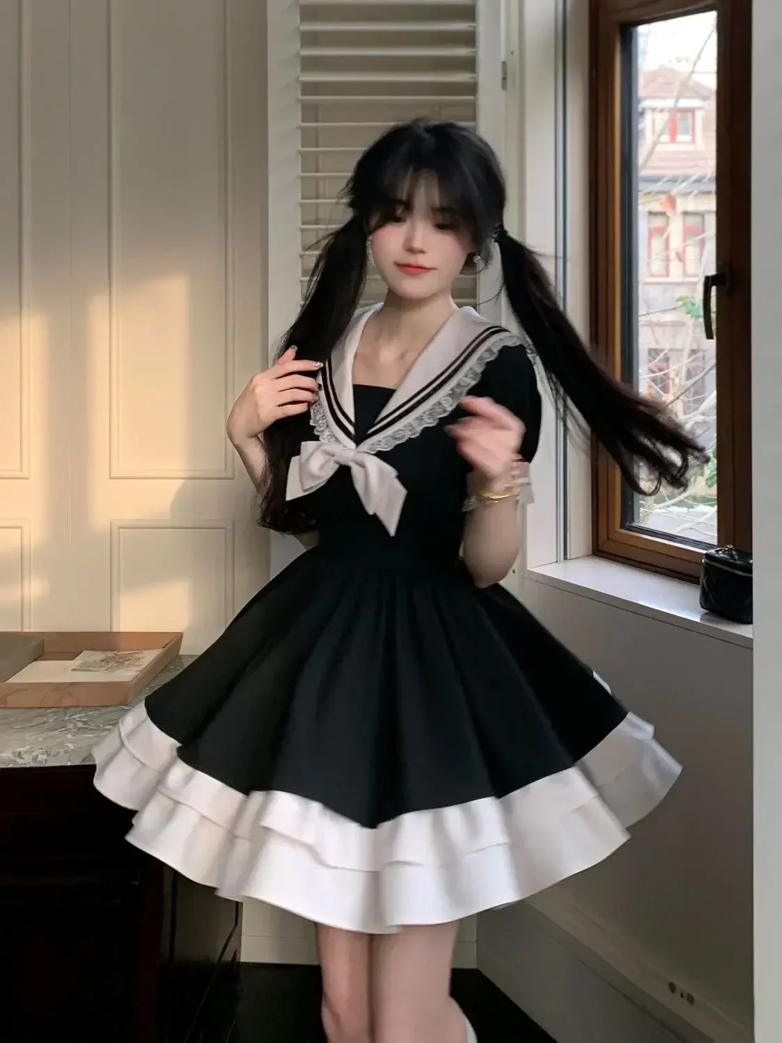 MAGOGO Sweet Japanese College Style Bow Navy Collar Mini Dress Women  Student Summer Lace Rufles Patchwork Black Party Dresses - AliExpress  200000345