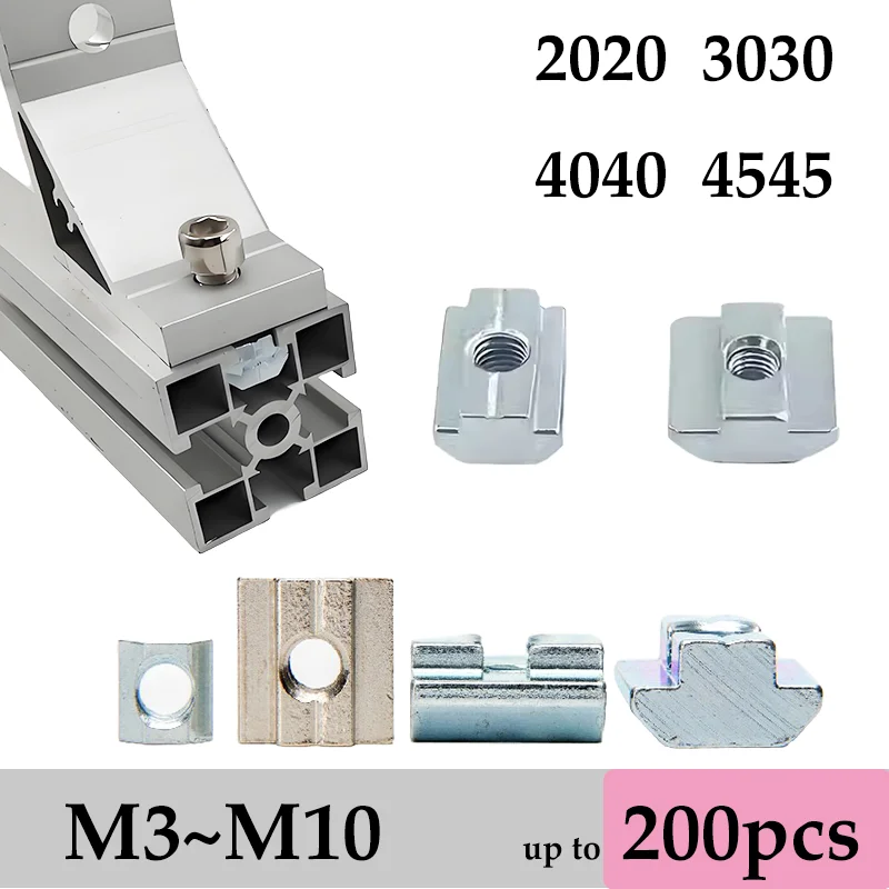 

200x Slot Sliding Nut In t M3 M4 M5 M6 M8 Square Nuts T Block Track Sliding Hammer Nut for Connection Aluminum Profile 2020 3030