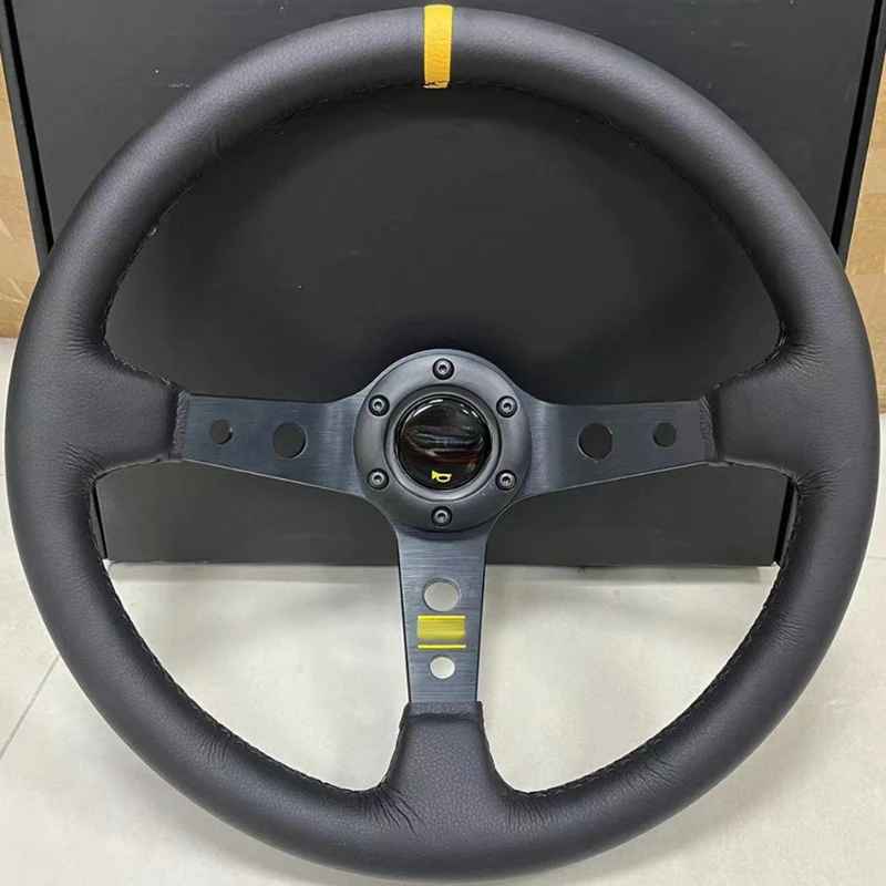 Universal 14 Inch Genuine Leather Concave Sport Racing Steering Wheel Customizable Auto Modified Accessory