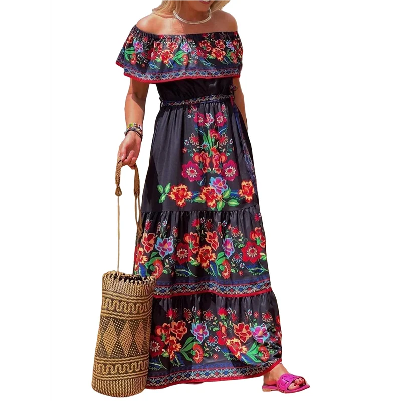 Robe mexicaine d'été pour femmes, imprimé Floral, épaules dénudées, sans manches, longue robe de plage Maxi, nouvelle collection