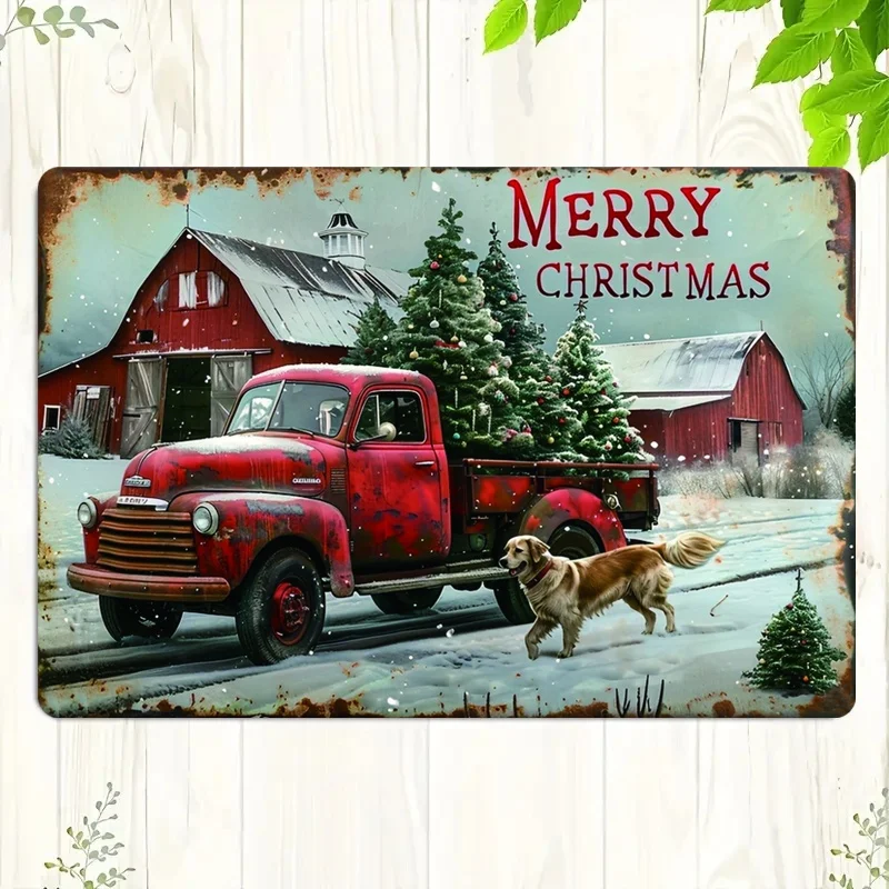 Antique Christmas Truck and Barn Iron Sign:  Weatherproof, Waterproof, Pre-Drilled Holes, Holiday Outdoor Wall Decor, Suitable f