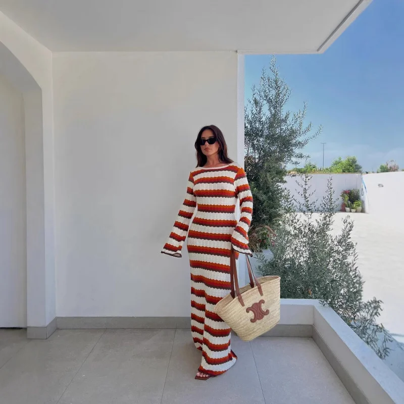 

Striped Color-Block Beach Vacation Long Knitted Hollow Out Maxi Dress Cover-Up