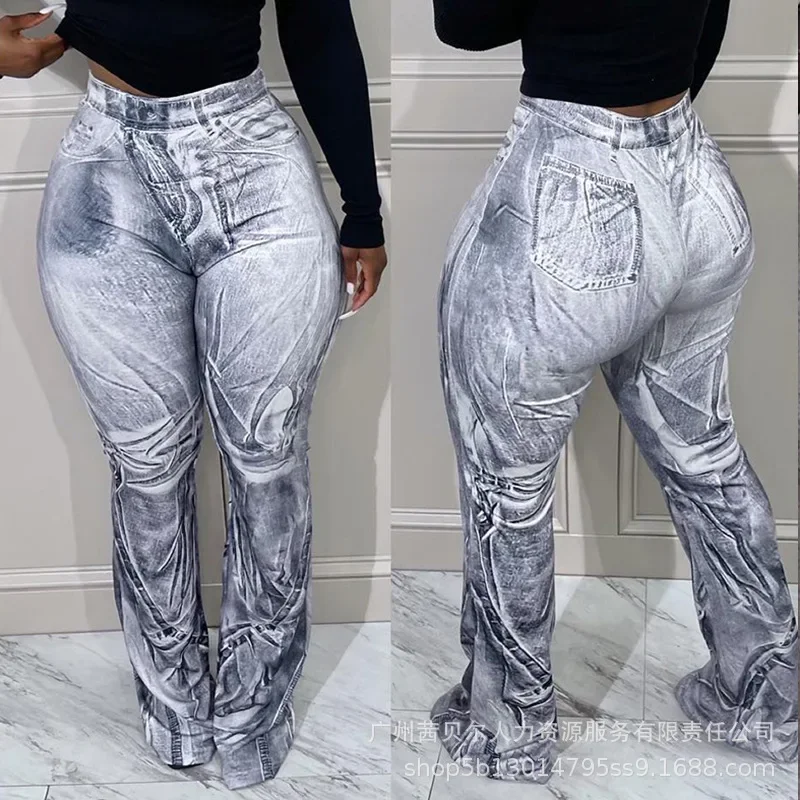 

Pants Women 2023 Fashion Light Grey Denim Print Trousers for Women