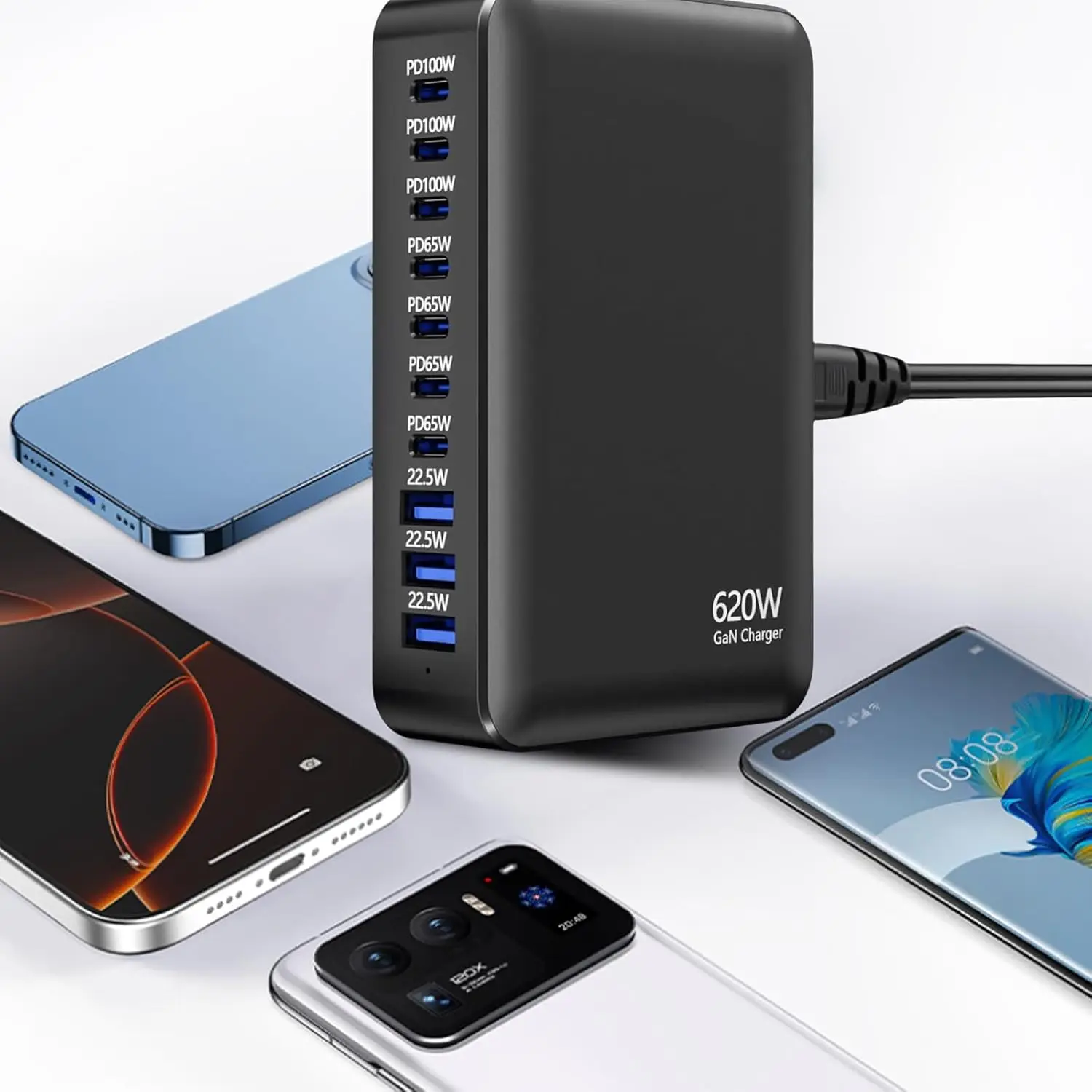 620W GaN 10-Port USB C Charger Desktop Charging Station PD 100W Fast Charger for MacBook Pro Laptop iPhone 15 14 Samsung
