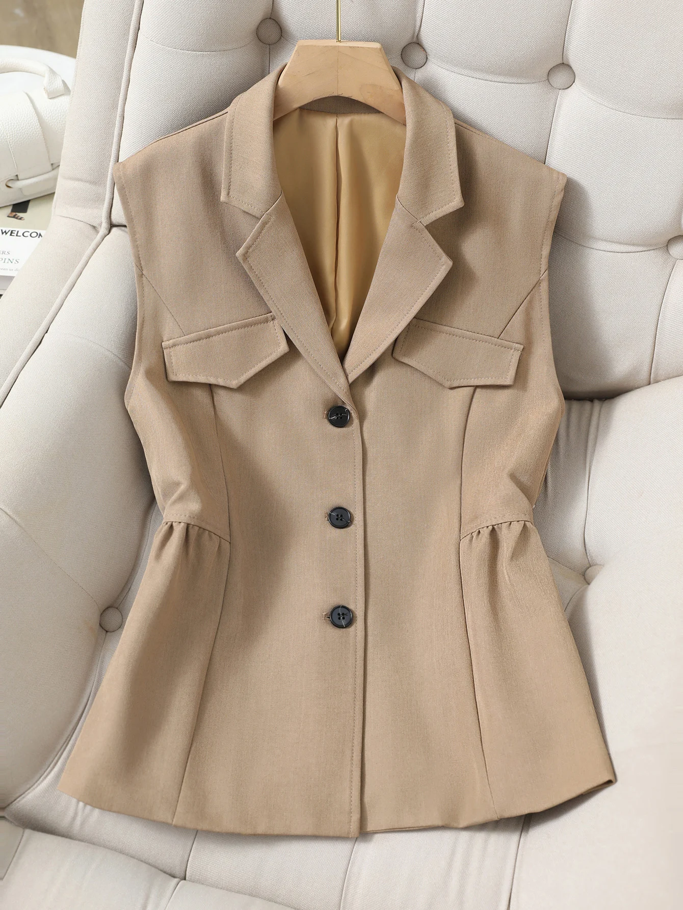 

Женский пиджак без рукавов, жилет цвета хаки с зубчатыми лацканами, элегантный жилет для офисного рабочего костюма с карманами, приталенный пригородный топ