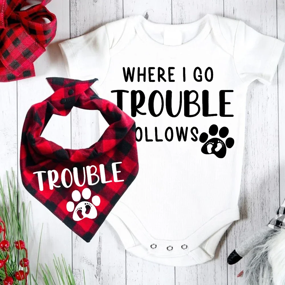 Trouble Dog and Baby Matching Outfits Dog Baby Shower Gift Best Friends Baby Bodysuits and Dog Bandana Welcome Home infant Gift