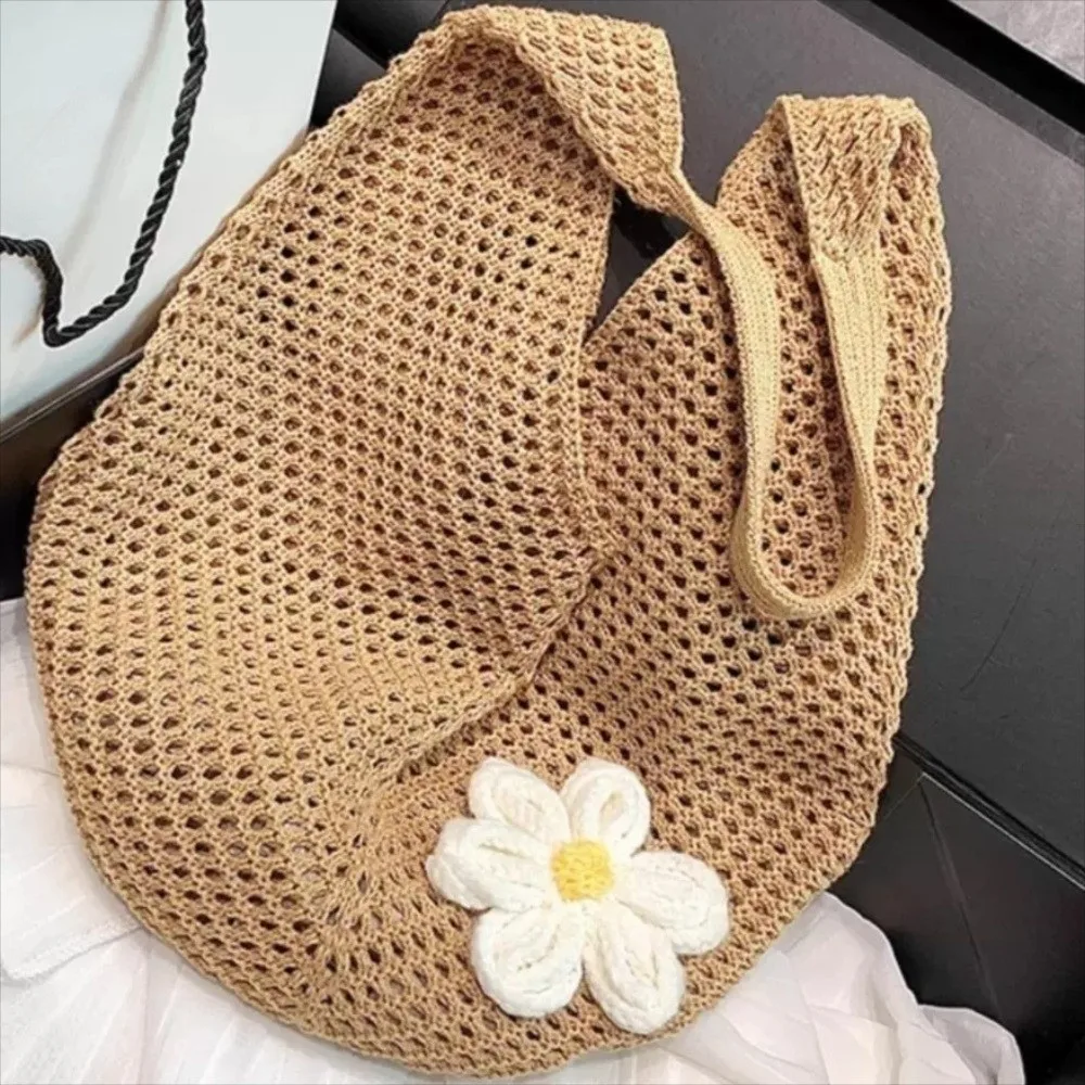 

Solid Color Knitting Shoulder Bag Large Capacity Flower Bohemian Crochet Tote Bag Versatile Hollow Out Casual Woven Handbag