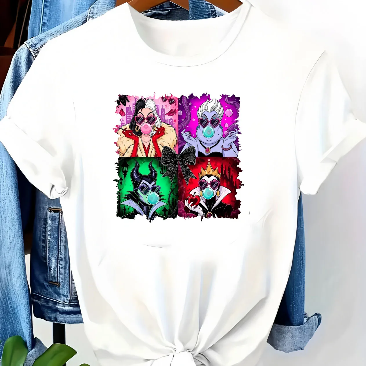 Funny Bad Girls Villains T-Shirt Women Cute Bubble Gum Sunglasses Graphic Tee Harajuku Casual Summer Female Short Sleeve Blouse