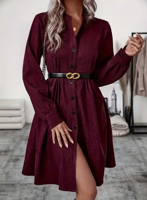 

Womens Dresses 2025 Spring Autumn New Solid Color Turn-Down Collar Single Breasted Long Sleeved Casual Mid Length Shirt Dress