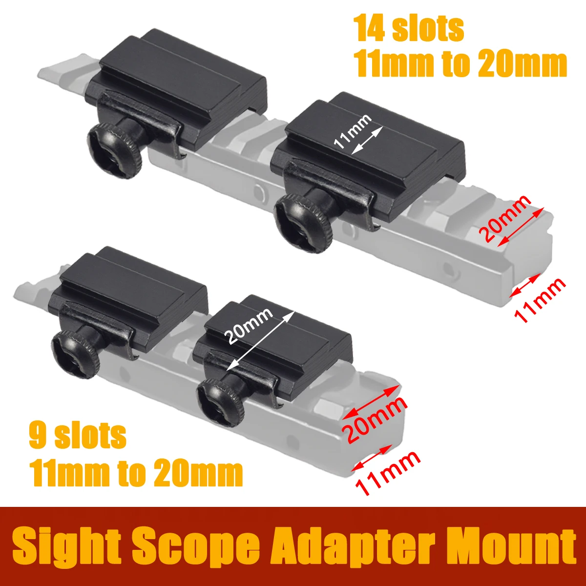 

2Pcs Sight Scope Adapter Mount Conversion Base 11mm to 20mm Rail Mount Converter Fit 9/14 11/20mm Rail Slots 20mm to 11mm