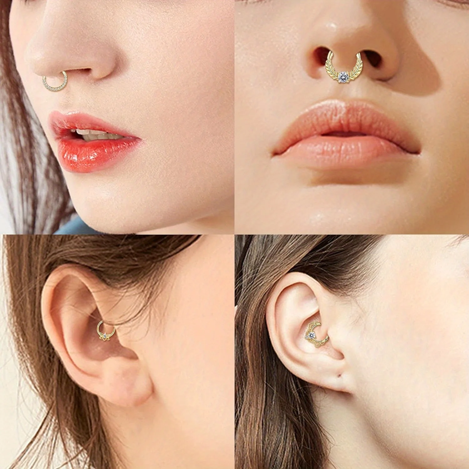 Drperfect 316L Stainless Steel Septum Rings Opal Daith Nose Rings CZ Cartilage Tragus Earrings Septum Clicker Piercing Jewerly
