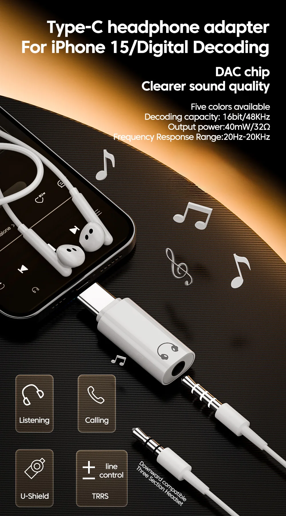 DAC USB Type C To 3.5MM Headphone Adapter USB C Male to 3.5 Jack Audio Converter for iPhone 15 Samsung Support Voice Call U Disk
