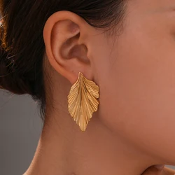 Fashion Women Gold Plated Texture Leaf Stainless Steel Metal Drop Earrings Regalo Dia De La Madre Bijoux Gift