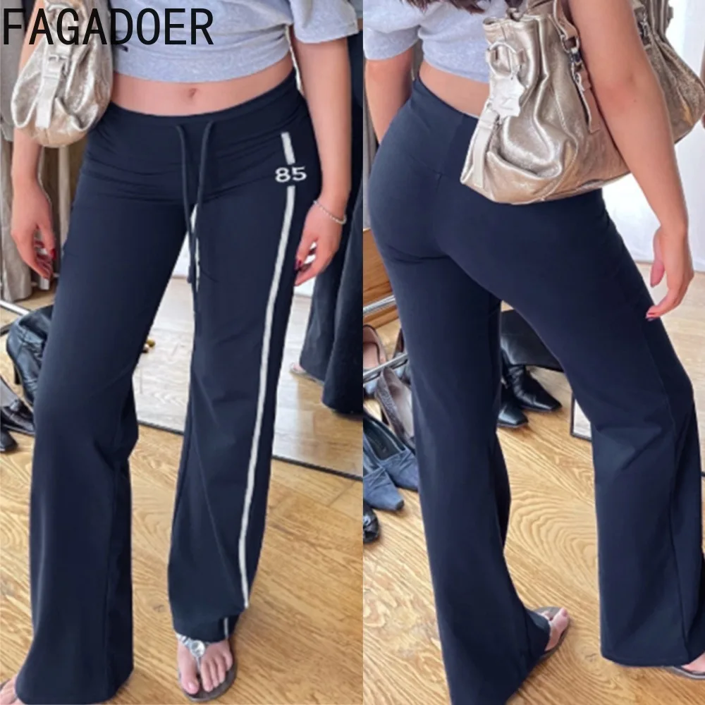 

FAGADOER Fashion Letter Printed Straight Leg Pants Women Solid Color Drawstring Stripe Patchwork Pants Female Streetwear Bottoms