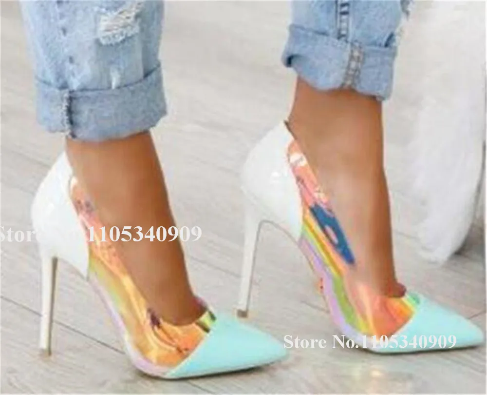 Bondarenko PVC Patchwork Patent Leather Stiletto Heel Dance Shoes Pointed Toe Pink Blue Thin Heel 12cm Wedding Pumps