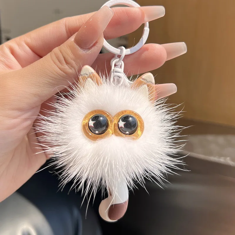 1個入り 可愛い本物のミンクファー子猫カーキーホルダーぬいぐるみボールキーリングペンダントドールバックパックチャーム女性女の子向けギフトキーホルダー