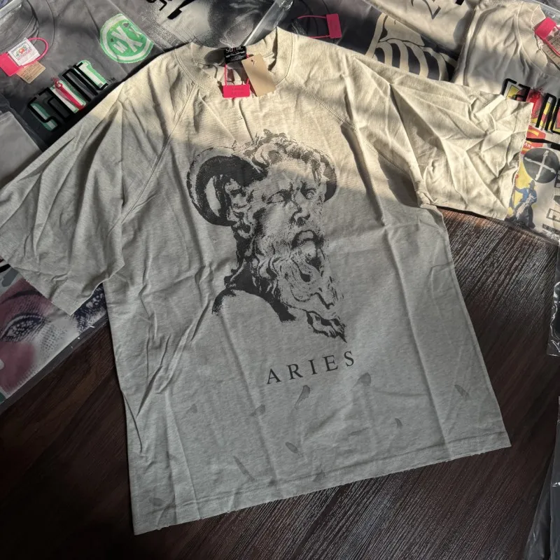 Summer Washed Splash-ink Hole Grey Saint Tshirts Goat Portrait Pattern Prayer Angel Print Short Sleeve Tops Men Women Streetwear