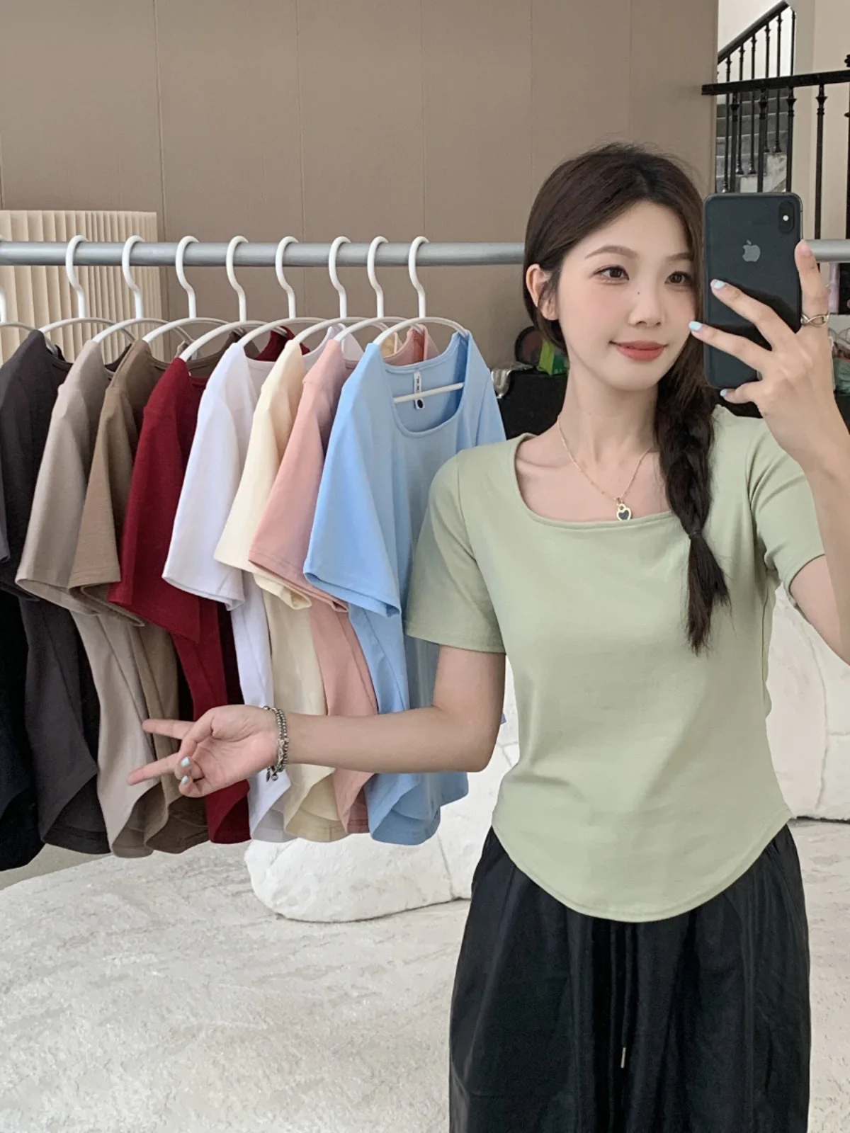 

Slim Fit ort Sve T-irt Korean Sle Square Collar Irregular Hemline plus Size Women's Summer Faion Casual Top