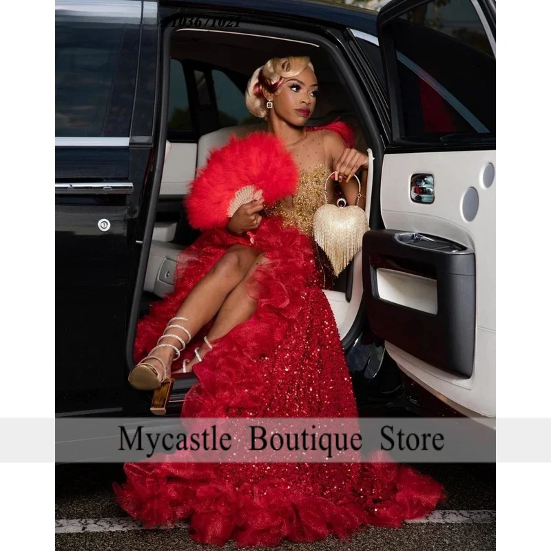 Customized Aso Ebi Red Sequins Evening Dress 2026 Gold Crystal Applique Beading African High Slit Prom Dress Party Gown