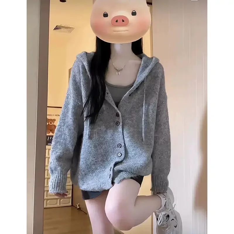 Gray Knitted Cardigan Women Sweaters Long Sleeve Hooded Single Breasted Y2k Korean Sueter Mujer Bandage Casual Preppy Style