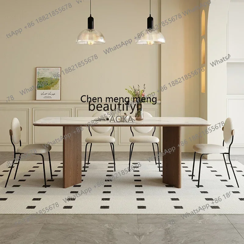 

P178 lFrench cream solid wood rock slab dining table and chair combination retro black walnut rectangular table