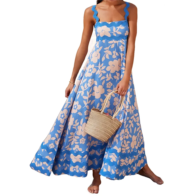 Women's Summer Boho Spaghetti Strap Square Neck Ruffle Casual Flowy Long Dress Beach Swing Party Maxi Dress