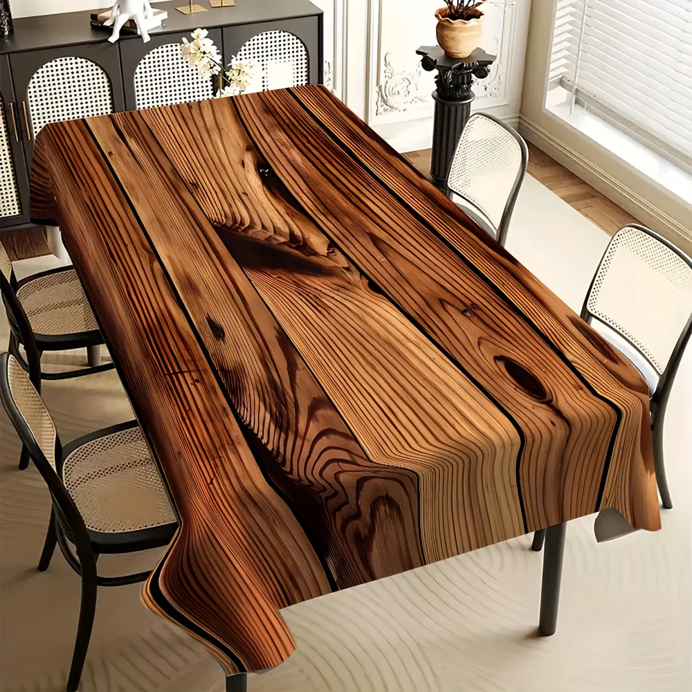 One tablecloth with wood grain pattern, featuring dark wood grain stripes design, and imitating natural wood texture