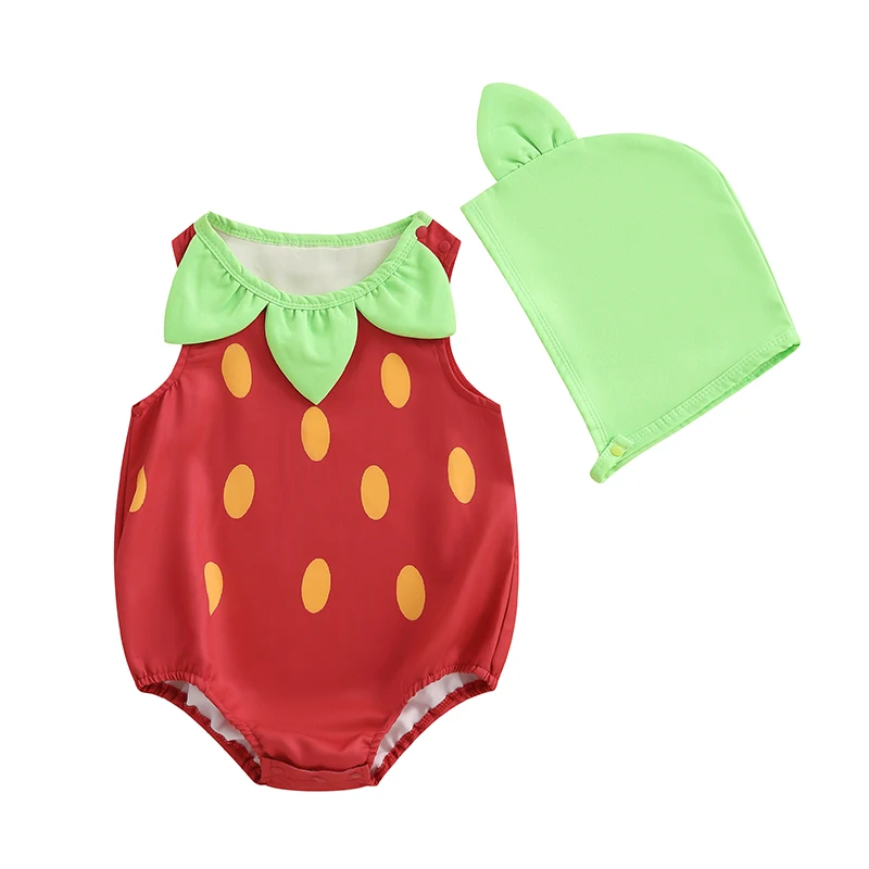 

0-18 Months Baby Girl Strawberry Outfits Sleeveless Leaf Collar Romper with Hat Set 2Pcs Infant Summer Clothes